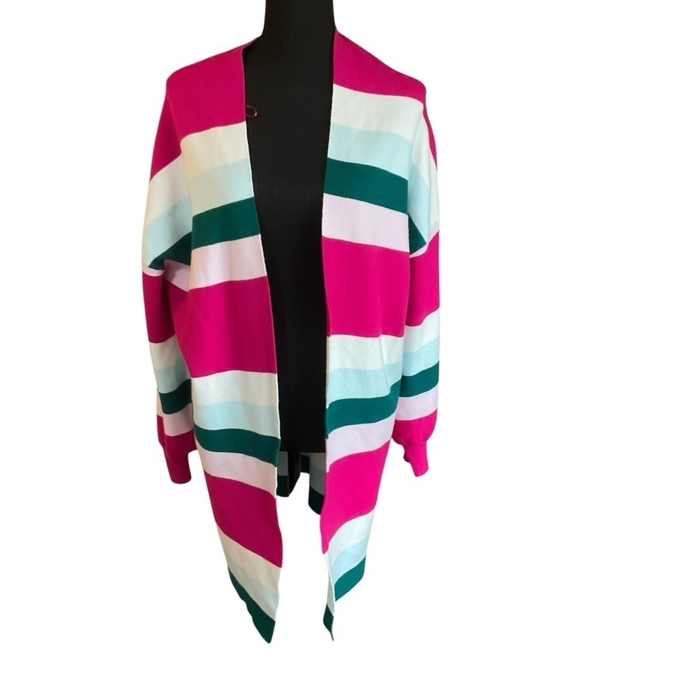 Crown & Ivy Striped Open Front Cardigan Bright Pink Green White Size Small